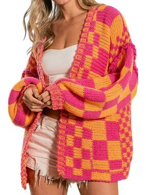 Colorful Checkered Chunky Cardigan Sweater for Women | Cozy Knit Layering Piece